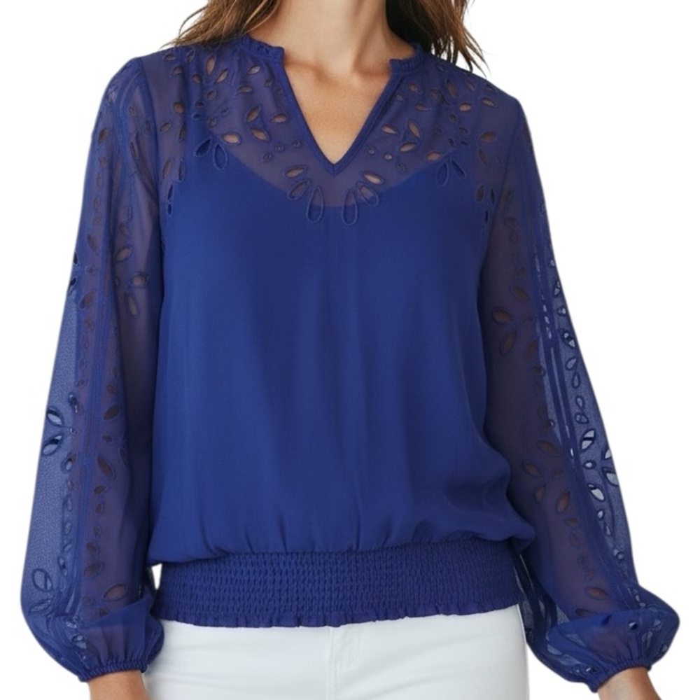 White House Black Market Cobalt Blue V-Neck Sheer Sleeve Blouse